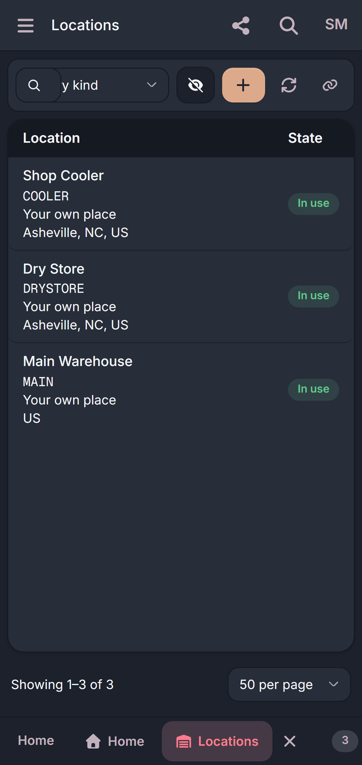 Three locations listed (a shop cooler and a dry store in Asheville, North Carolina, and a main warehouse) each marked as somewhere the business owns and currently in use. A batches tab sits alongside.