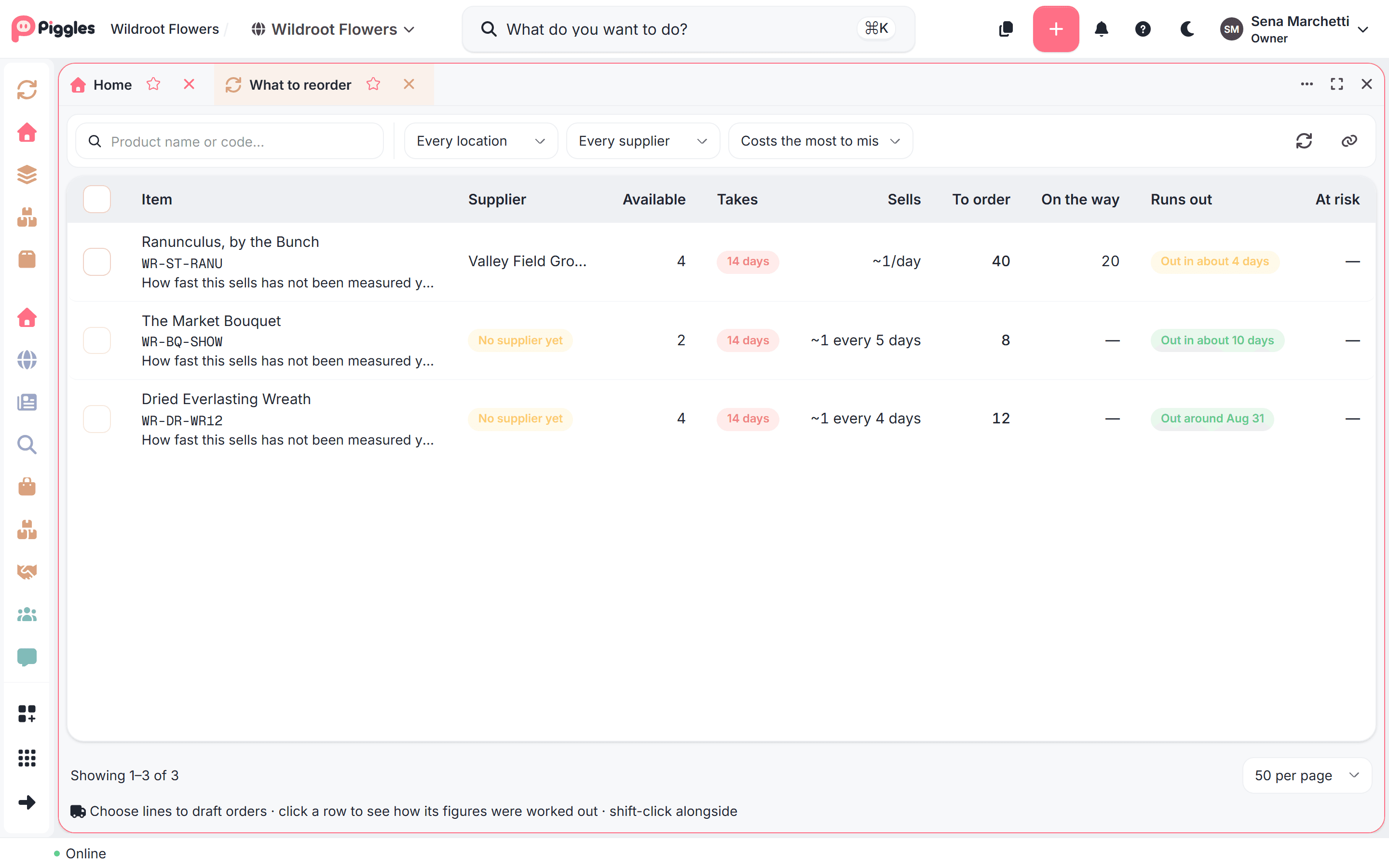 A list of three items to reorder, each showing its supplier, how much is available, how long delivery takes, how fast it sells, how many to order, how many are already on the way, and when it runs out.
